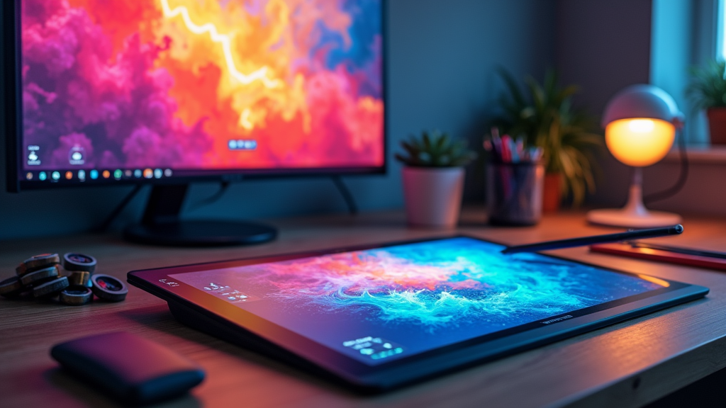A digital art workspace with a drawing tablet, stylus, colorful canvas on screen, and bright digital tools scattered on a desk